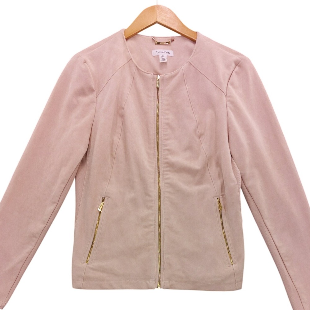 Calvin Klein Faux‎ Suede Jacket Women's M Pink Full Zip Gold Hardware